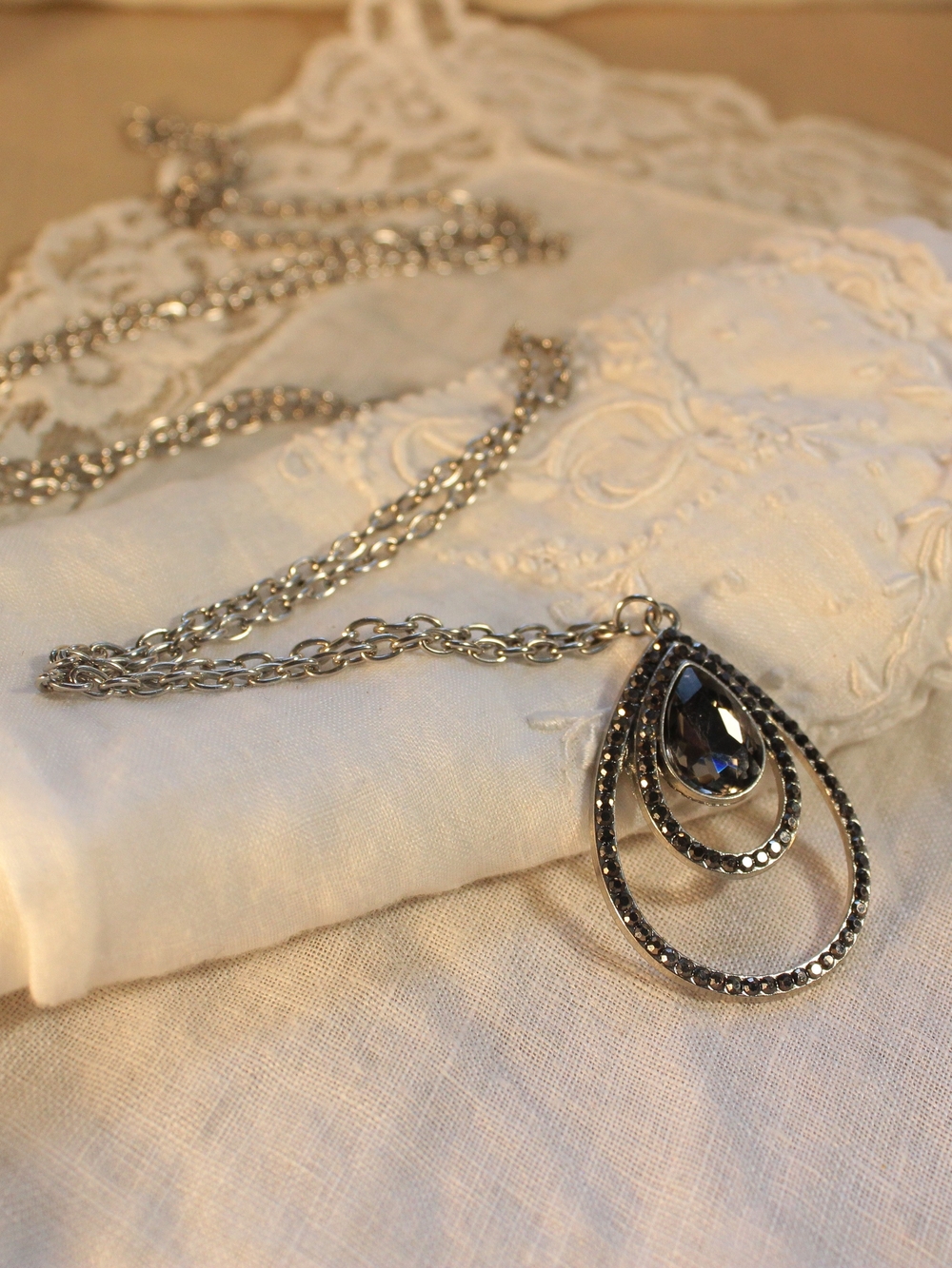 Silver-Tone Gothic Black Rhinestone Teardrop Pendant Necklace